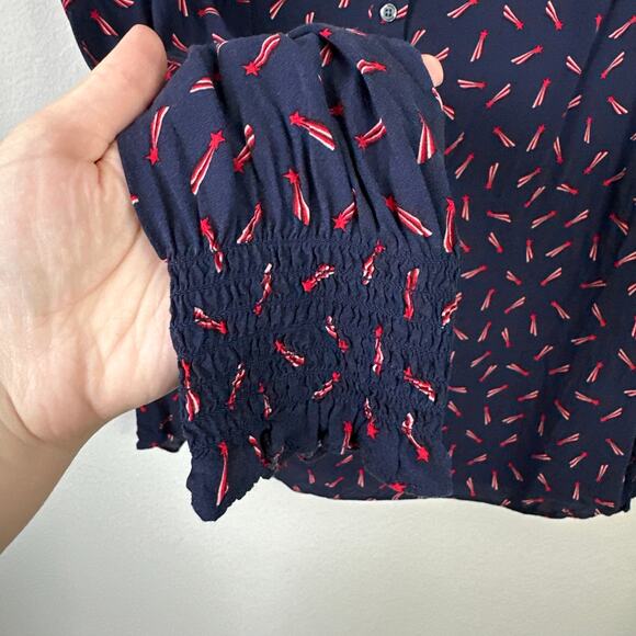 BODEN Kara Shooting Stars Blouse Navy Red Smocked Sleeves Button Front Size 10 - Picture 7 of 8